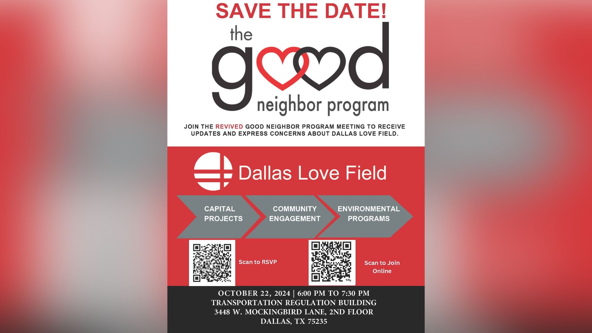 Dallas Love Field airport is set to hold its next Good Neighbor Program (GNP) quarterly meeting on Tuesday, October 22nd